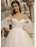 Off Shoulder Beaded Ivory Lace Tulle Wedding Dress With Detachable Sleeves